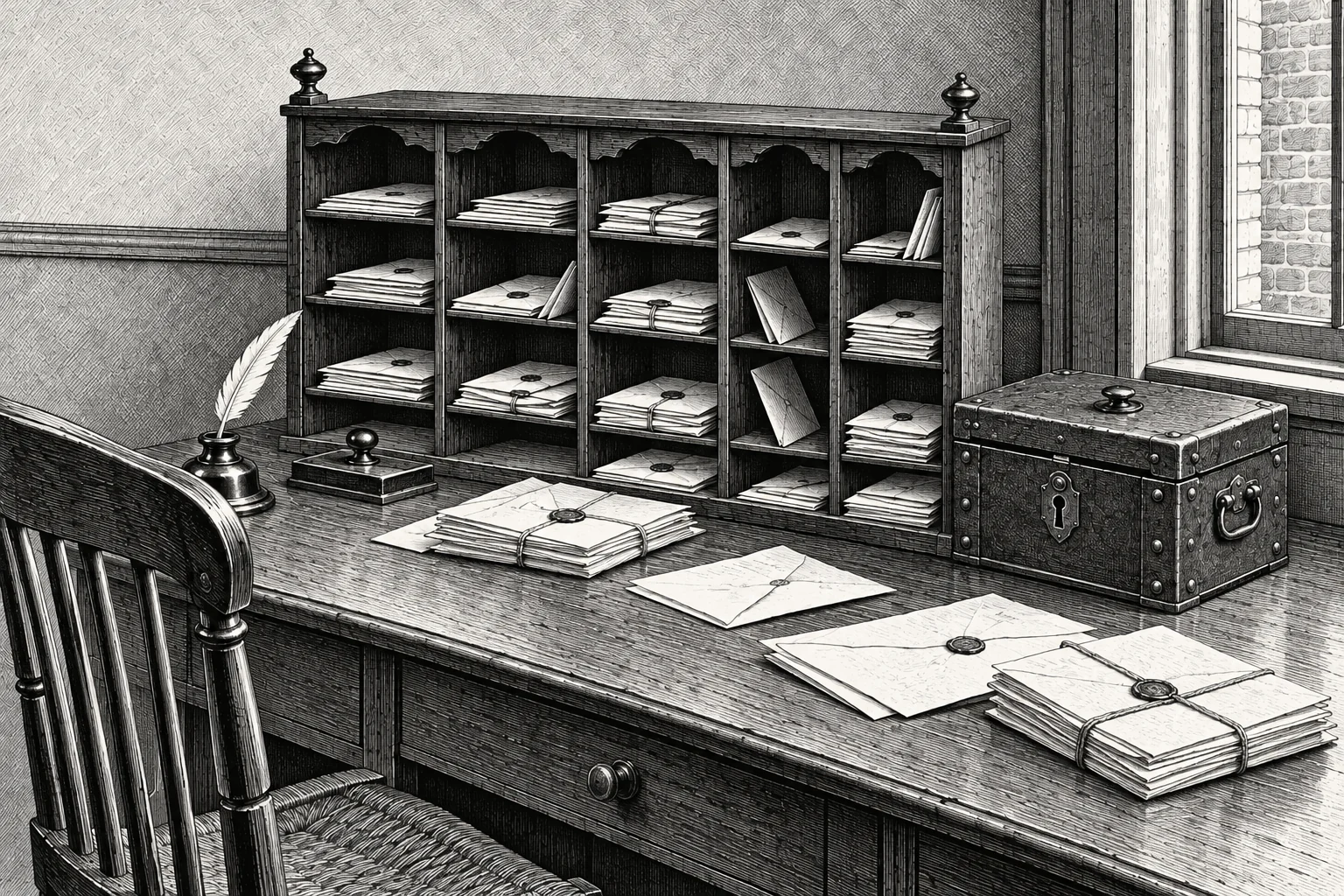 Steel engraving: the letter rack.